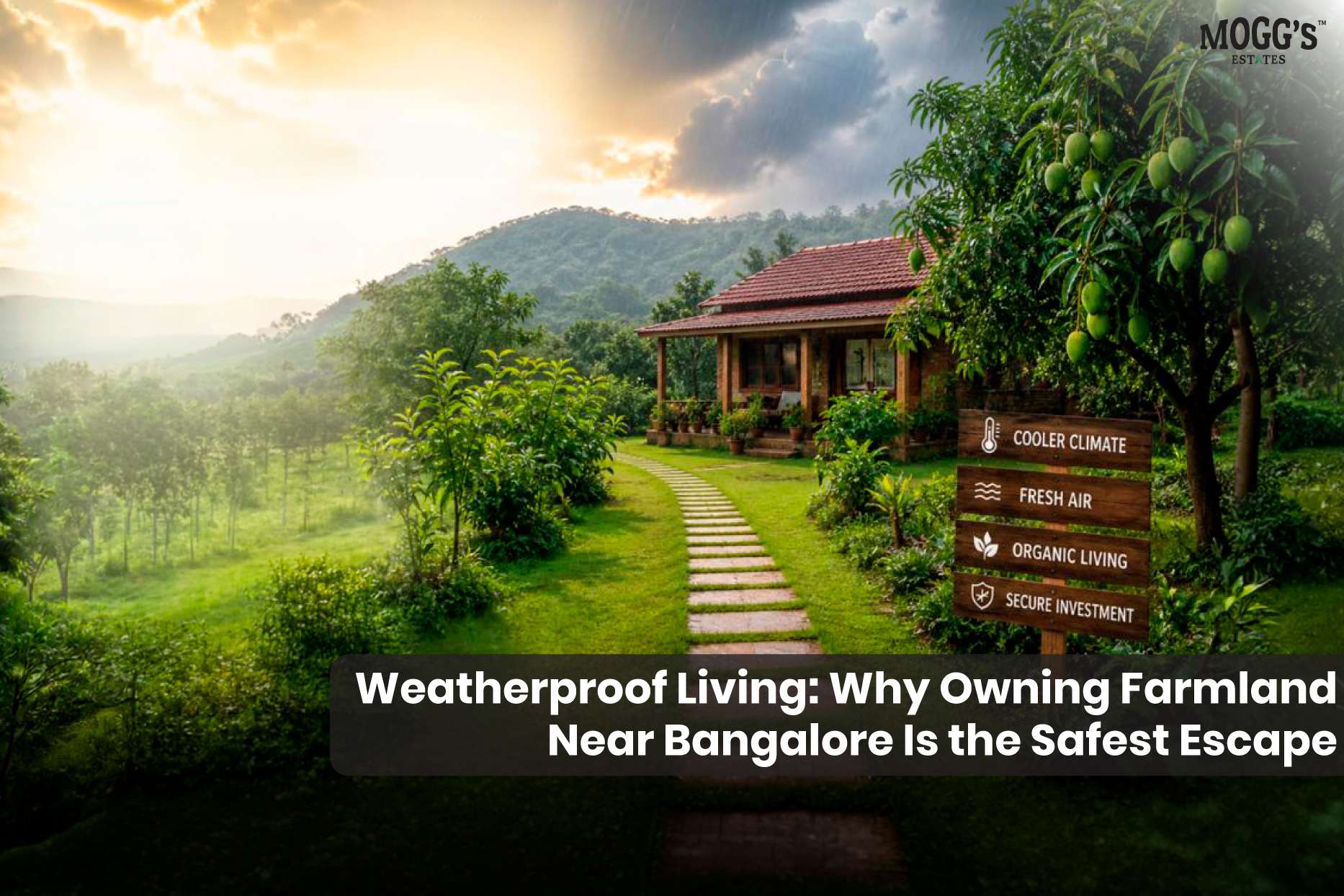 Managed farmland at Aira Phase 2 in Kanakapura by Mogg’s Estates, featuring a sunset view of a farmhouse, organic mango trees, and a wooden sign highlighting cooler climates and secure investments.