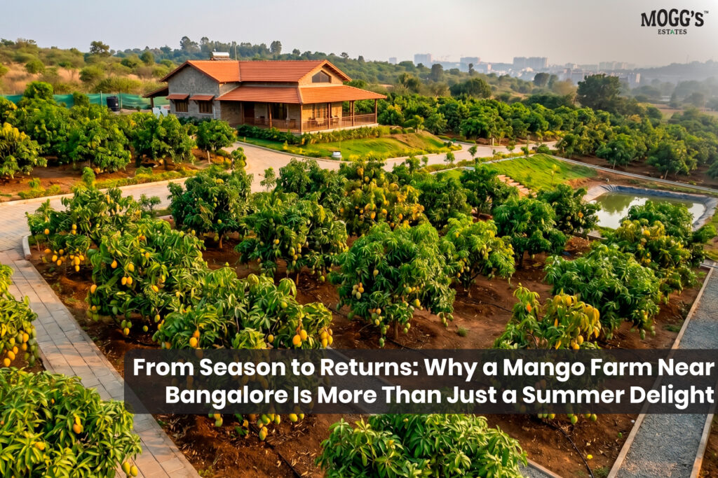An aerial view of a professionally managed Mogg's Estates mango farm near Bengaluru at dusk, showing dense orchard rows laden with fruit, a rustic farmhouse with a terracotta roof, a sustainable water management pond, and empty gravel pathways, illustrating a secure farm investment and a peaceful escape.
