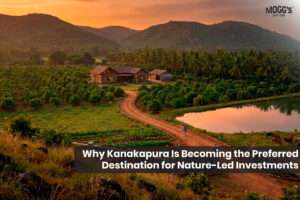 Premium luxury farmland estate near Bangalore featuring a gated entrance, custom farmhouse, and scenic water pond at sunset.
