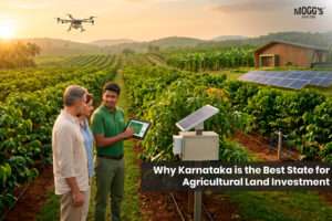 Agricultural land in Karnataka with green farmland, plantation rows, and scenic countryside landscape