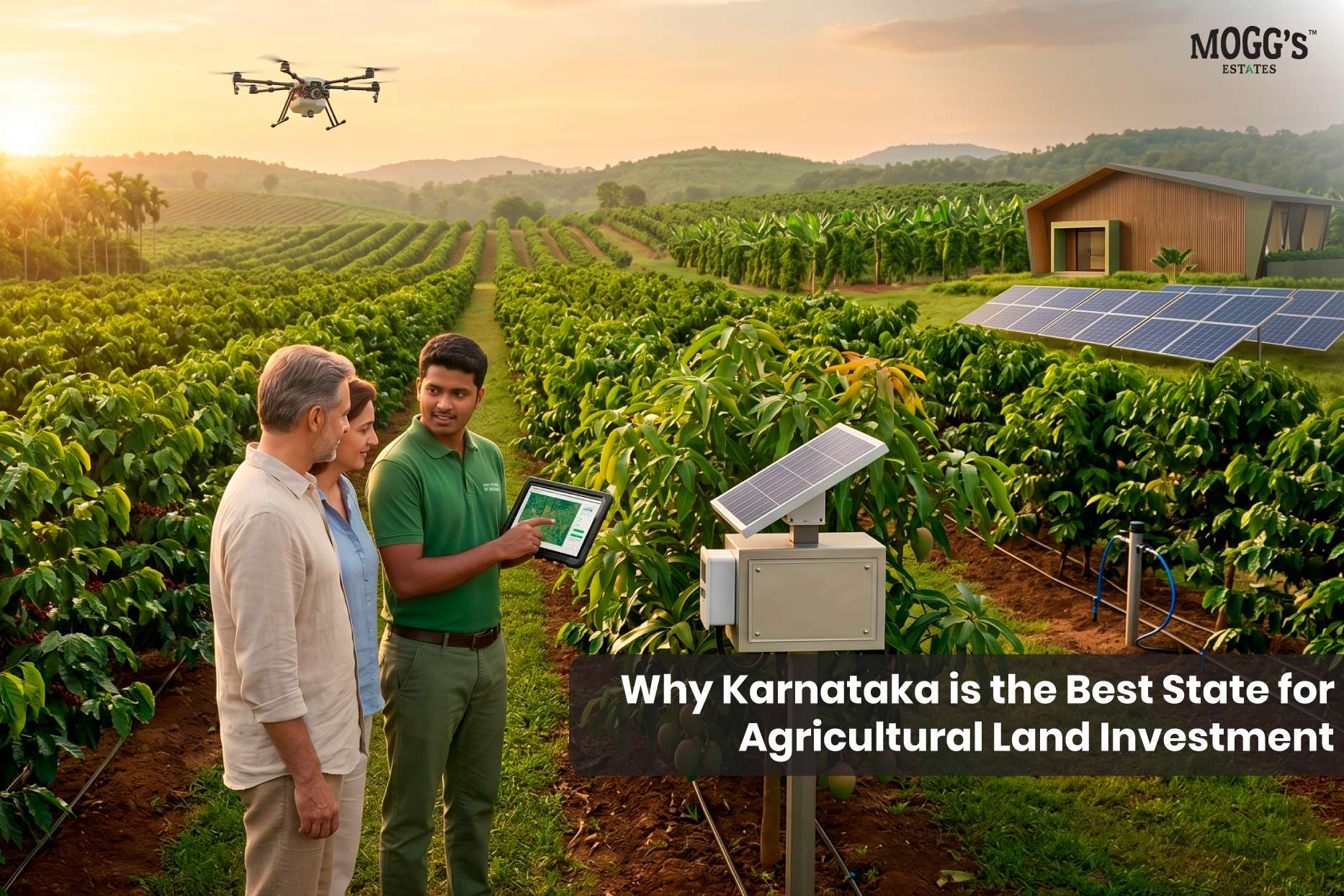 Agricultural land in Karnataka with green farmland, plantation rows, and scenic countryside landscape