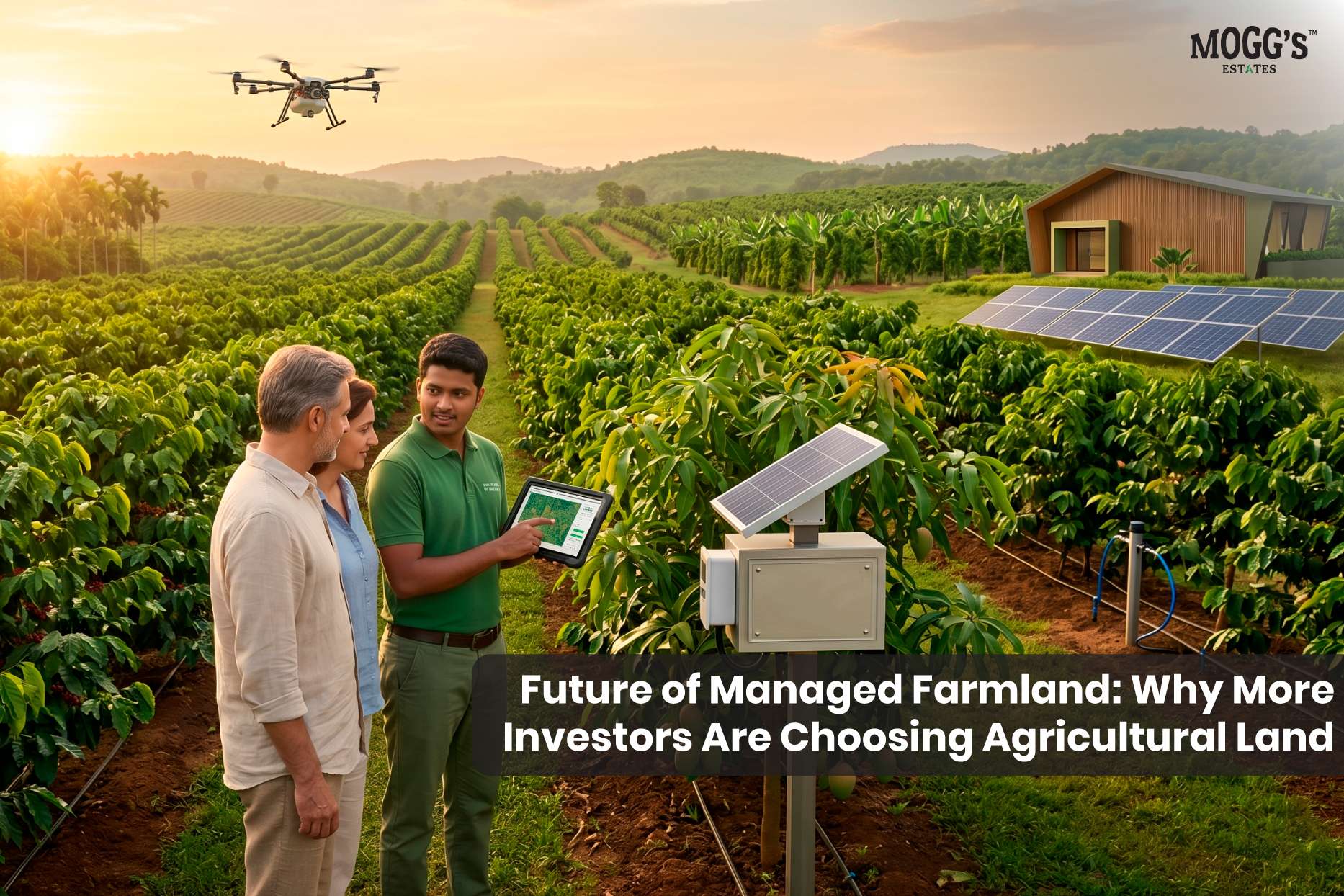 Agricultural land in Karnataka with green farmland, plantation rows, and scenic countryside landscape