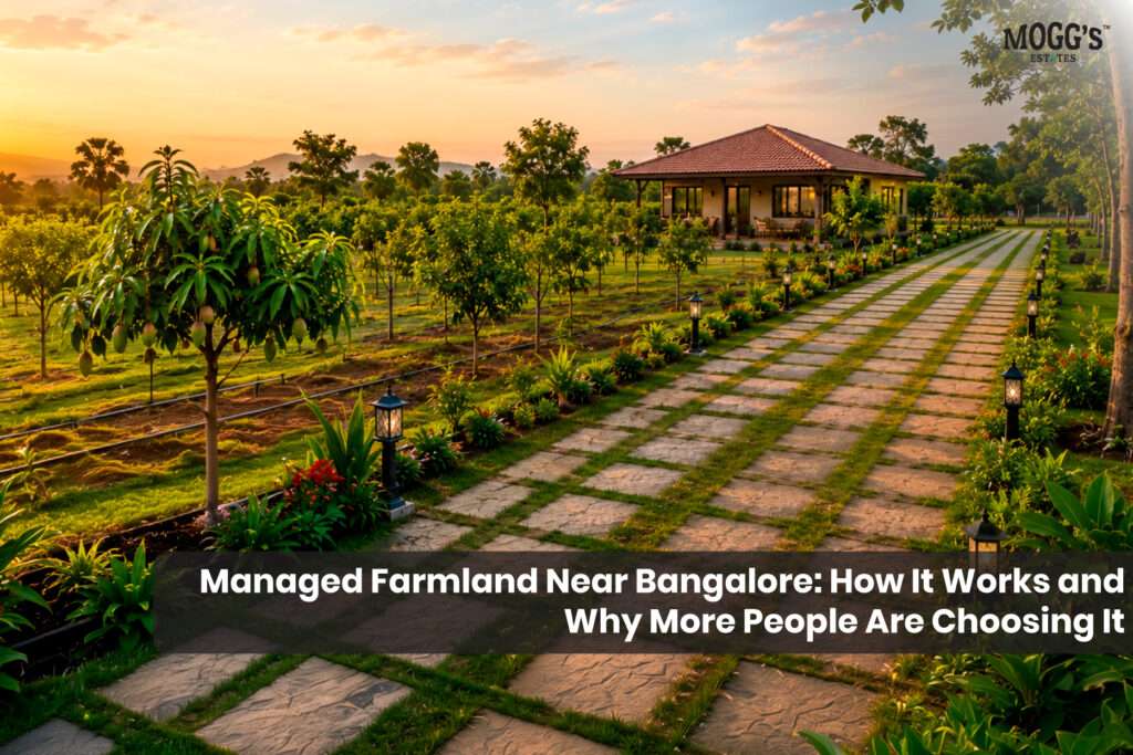 Managed farmland near Bangalore with lush green orchards, landscaped pathways, and a modern clubhouse in a peaceful natural setting.
