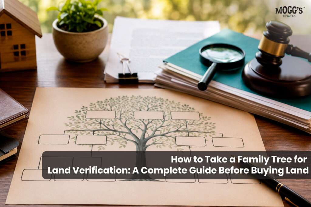 Family tree document and land records used for property ownership and land verification before purchasing agricultural land.