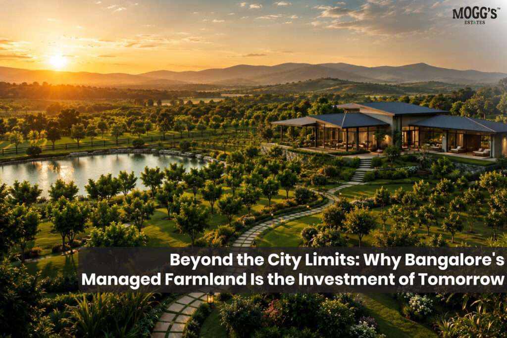 Luxury Bangalore managed farmland by Mogg's Estates featuring premium farmland, lush green landscapes, modern farmhouse, and sustainable farm life.