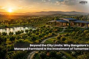 Luxury Bangalore managed farmland by Mogg's Estates featuring premium farmland, lush green landscapes, modern farmhouse, and sustainable farm life.