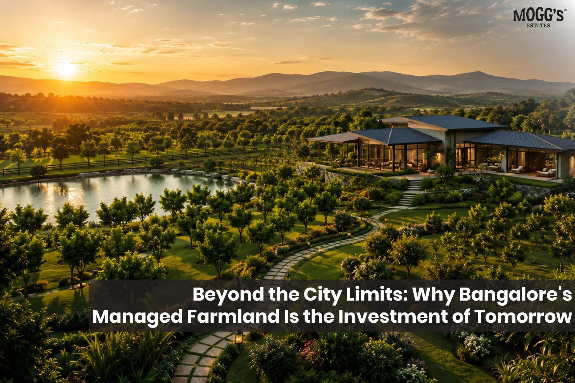 Luxury Bangalore managed farmland by Mogg's Estates featuring premium farmland, lush green landscapes, modern farmhouse, and sustainable farm life.