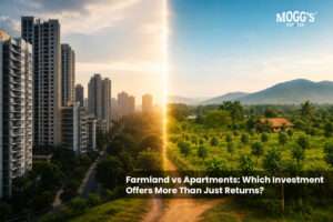 Farmland and apartment skyline showing two approaches to property ownership near Bangalore