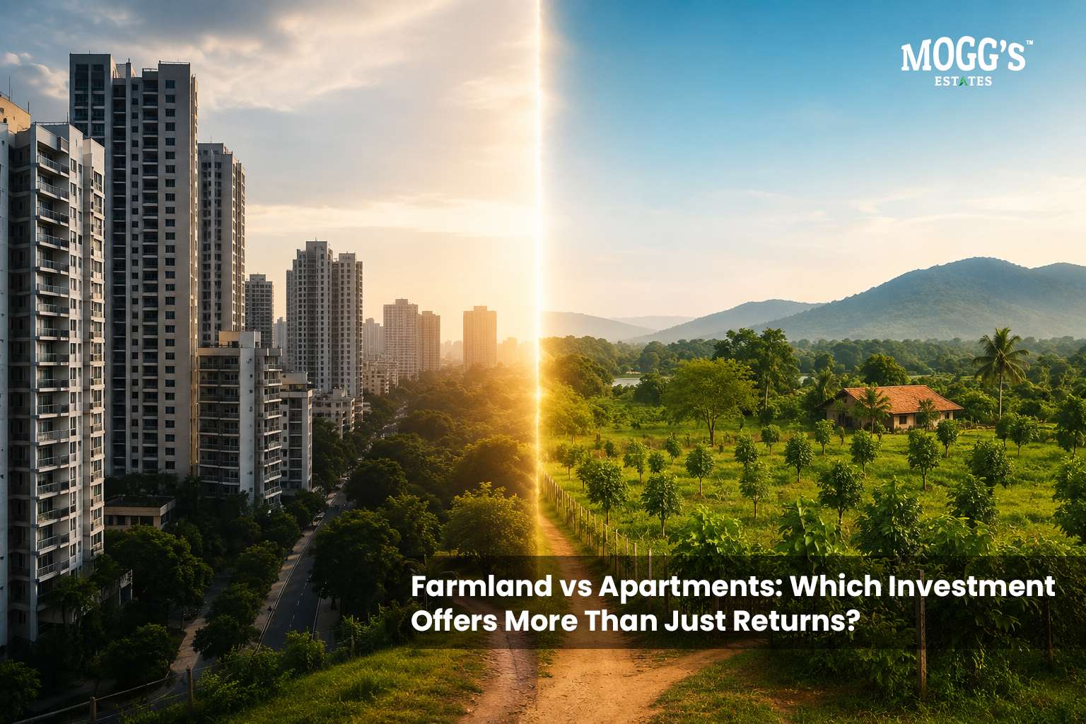 Farmland and apartment skyline showing two approaches to property ownership near Bangalore