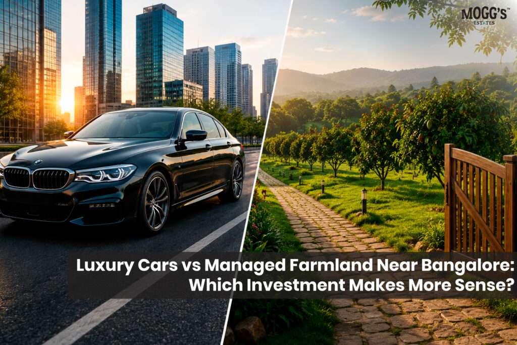 Luxury car parked beside a managed farmland orchard near Bangalore representing lifestyle and long-term investment choices