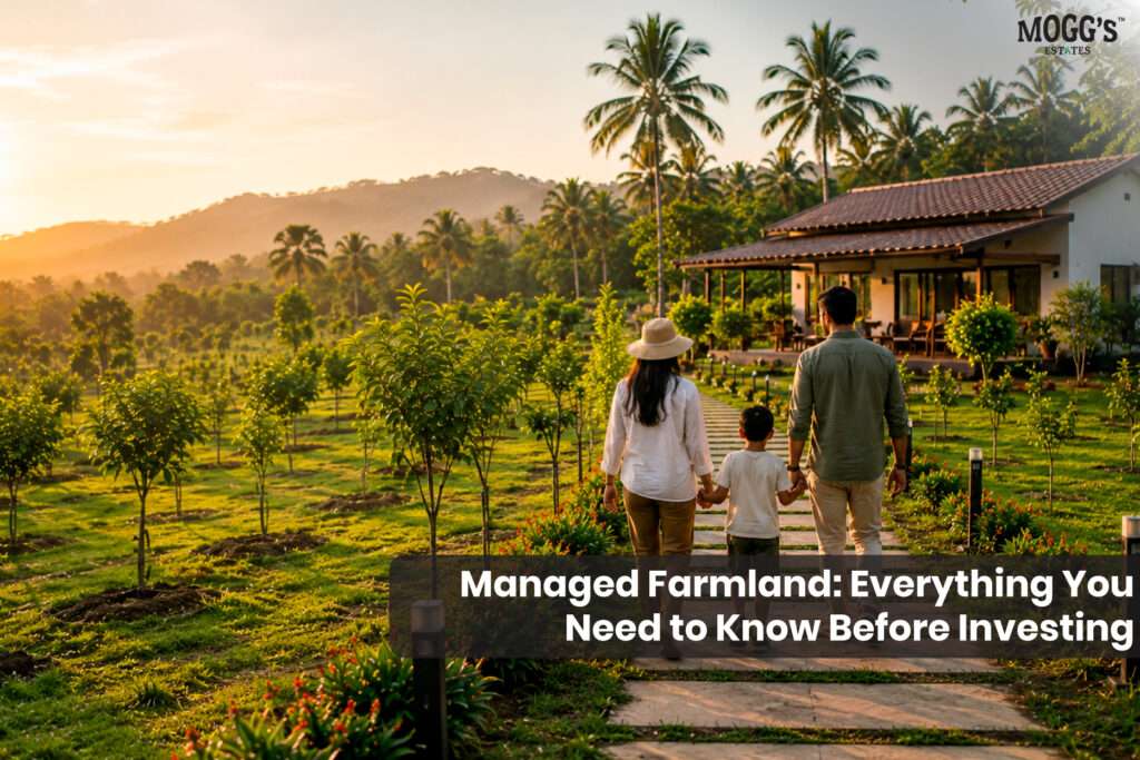 Family enjoying a peaceful managed farmland near Bangalore surrounded by lush greenery and orchards