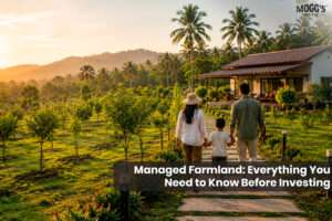 Family enjoying a peaceful managed farmland near Bangalore surrounded by lush greenery and orchards