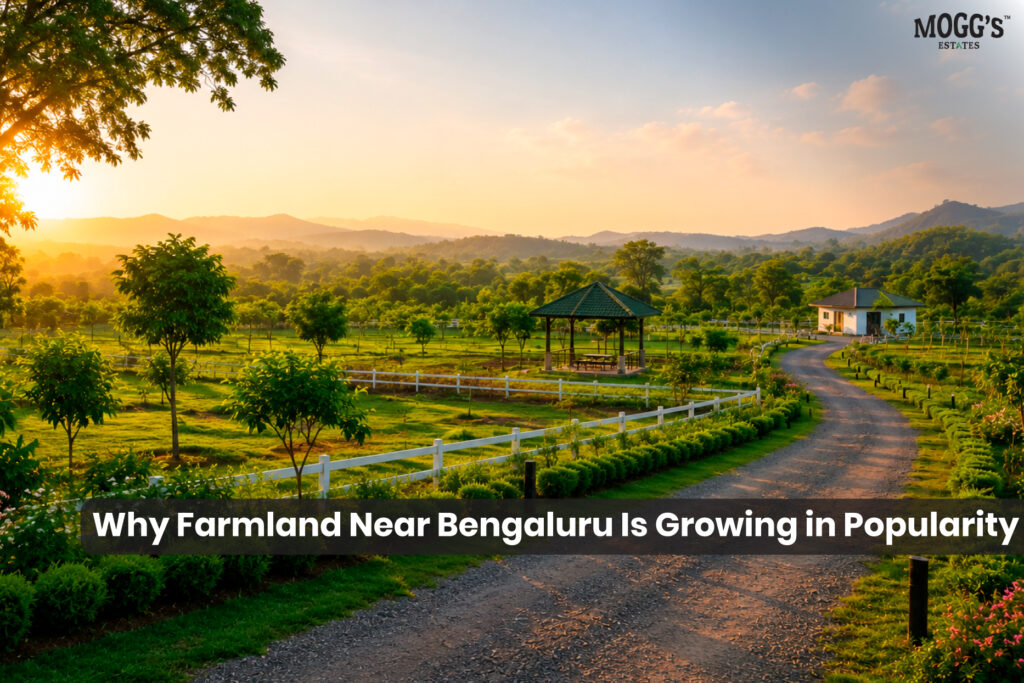 Managed farmland near Bengaluru surrounded by lush green fields