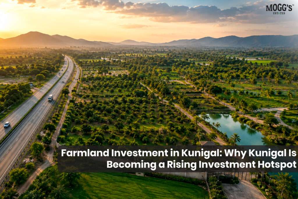 Farmland investment in Kunigal near Bengaluru with highway and green landscape