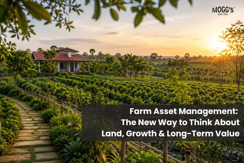 Managed farmland near Bengaluru with lush agricultural plantations at sunset