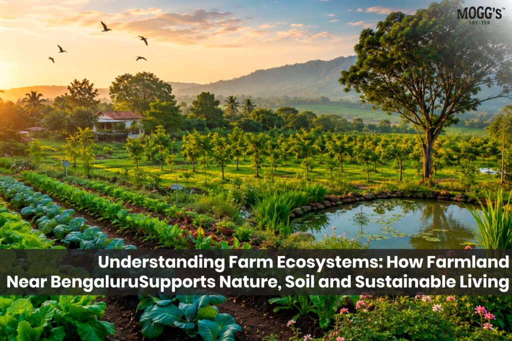 Farm ecosystem with crops, orchard trees, pond and natural biodiversity