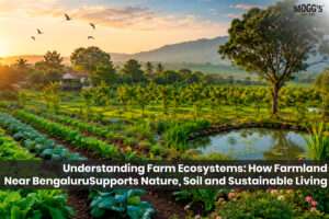 Farm ecosystem with crops, orchard trees, pond and natural biodiversity
