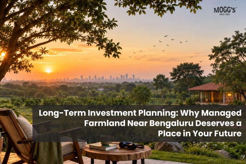 Managed farmland near Bengaluru with green fields, orchard, and a peaceful countryside landscape at sunset