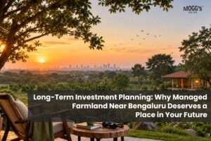 Managed farmland near Bengaluru with green fields, orchard, and a peaceful countryside landscape at sunset