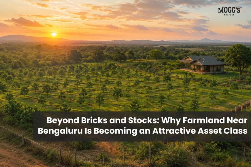 Farmland near Bengaluru with green orchards and a farmhouse at sunset