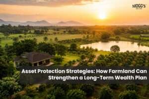 Aerial view of managed farmland with lush agricultural fields, orchards, a farmhouse and a serene pond at sunset