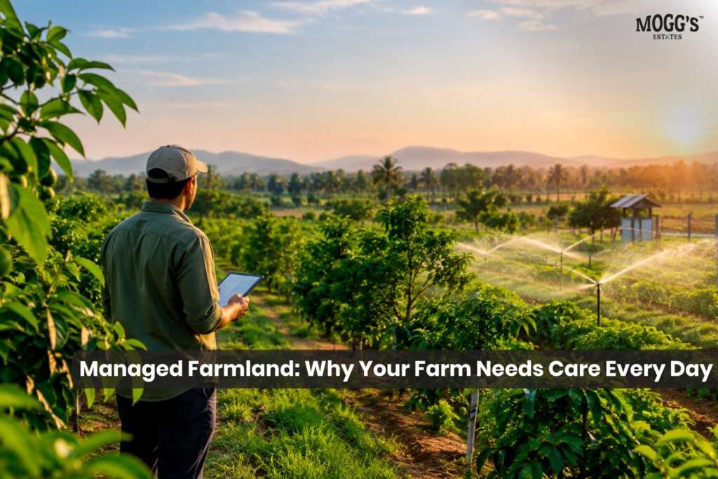 Professionally managed farmland with crops and trees