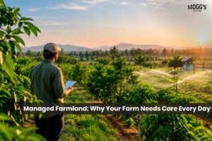 Professionally managed farmland with crops and trees