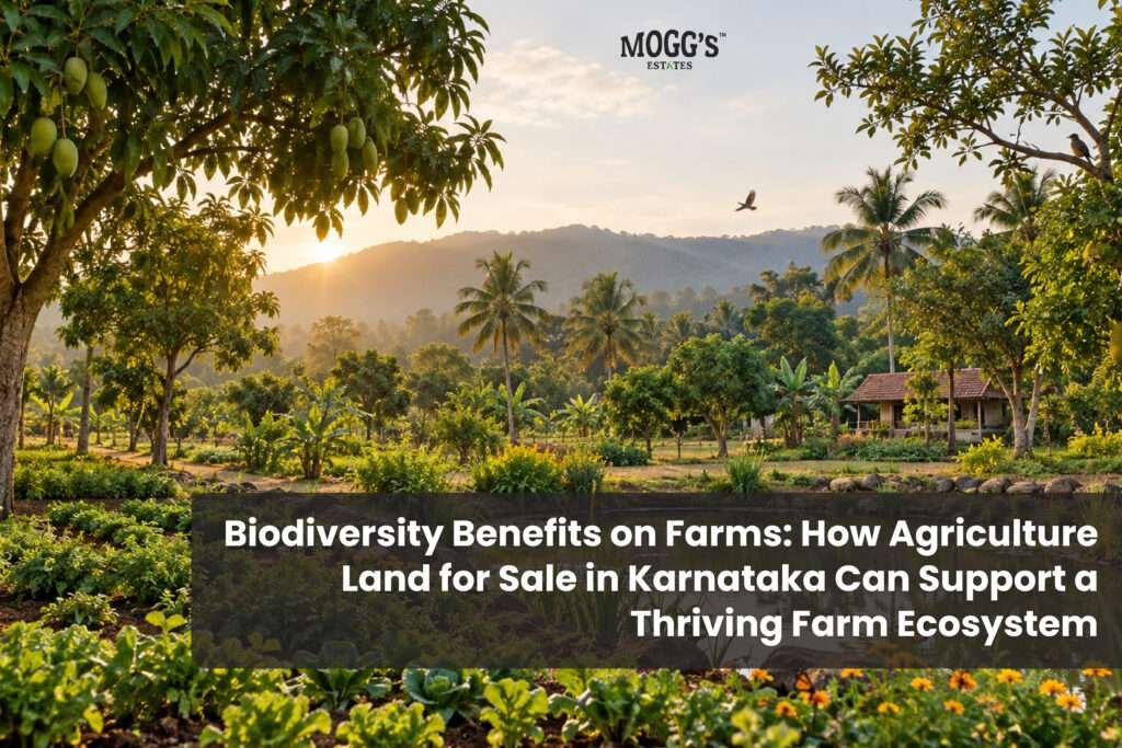 A biodiverse farm in Karnataka with lush greenery, fruit trees, vegetable gardens, a natural pond and a farmhouse.