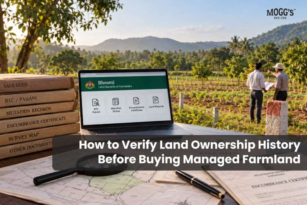 How to verify land ownership history before buying managed farmland in Karnataka