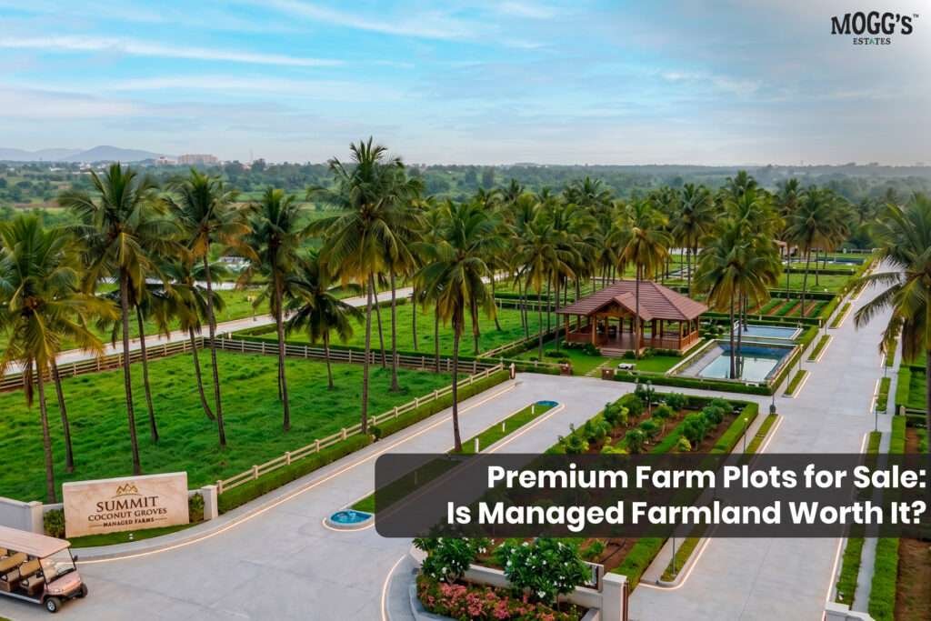 premium managed farmland near Bengaluru featuring wide internal roads and lush green plantations.