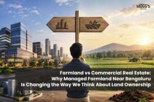 A person choosing between farmland and commercial real estate, showing a modern city and an agricultural landscape.
