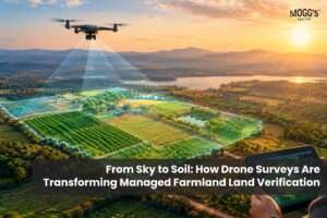 Drone survey of agricultural land showing farmland boundaries, green plantations, and land features in Karnataka.