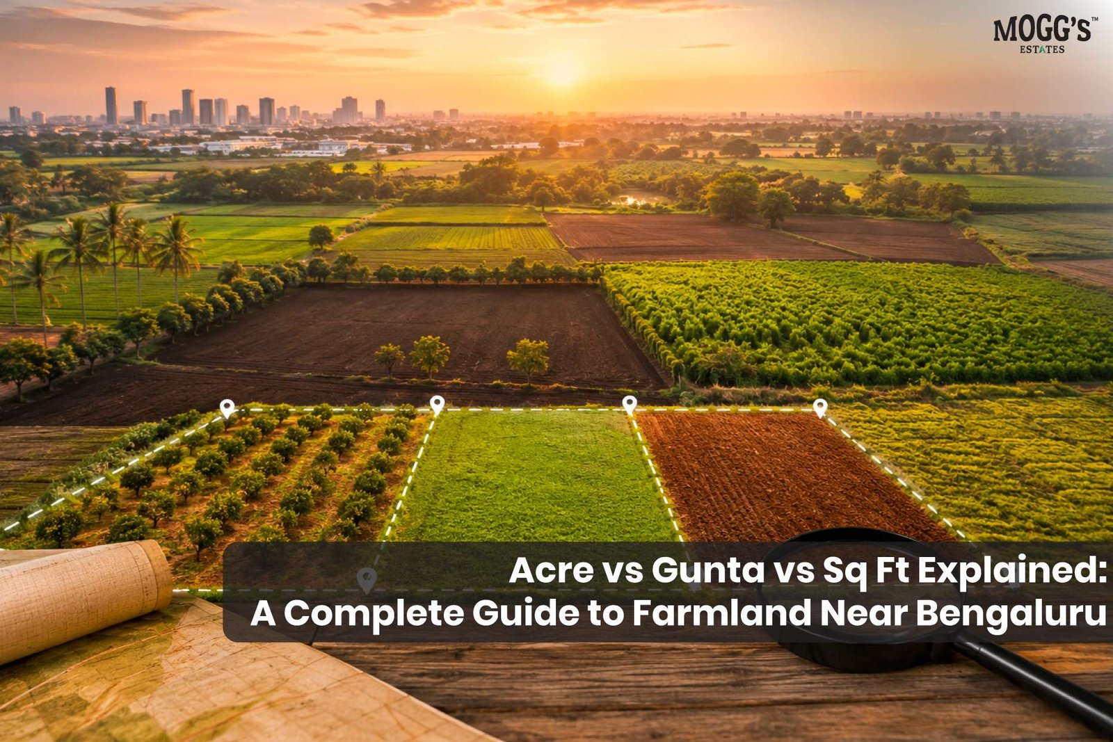 Aerial view of agricultural farmland with marked land plots representing different land measurements